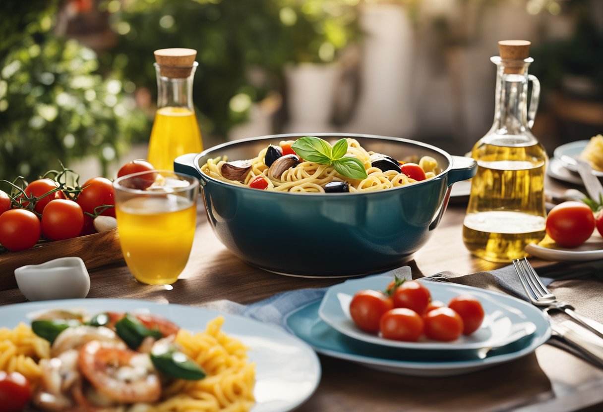 A table set with vibrant Italian summer dishes, including pasta, grilled vegetables, and fresh seafood. A bottle of olive oil and a bowl of ripe tomatoes complete the scene