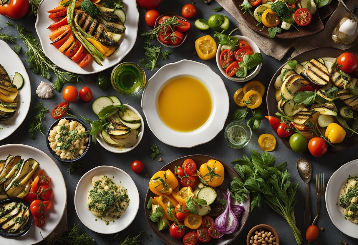 A table set with colorful plates of grilled vegetables and sides, surrounded by vibrant herbs and fresh produce, capturing the essence of Italian summer recipes