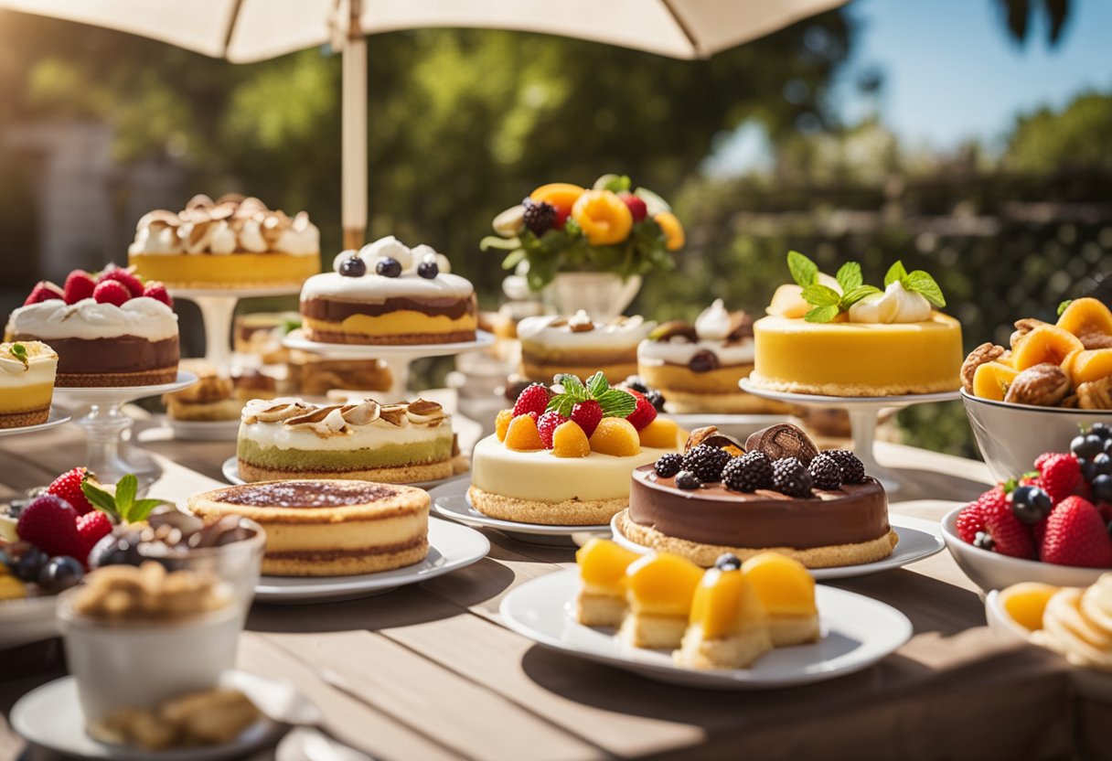 A table filled with colorful Italian summer desserts and sweets, including tiramisu, gelato, cannoli, and fruit tarts, set against a backdrop of a sunny outdoor patio