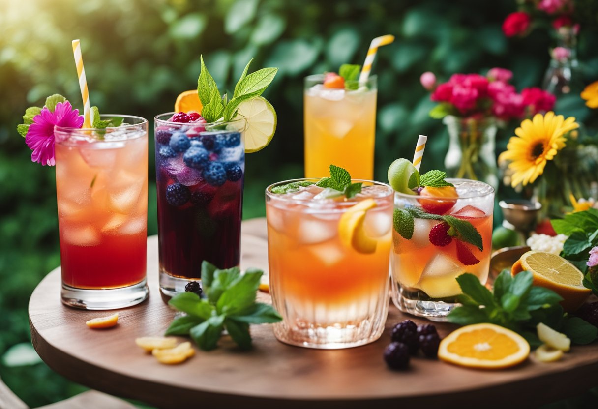 A table adorned with colorful Italian cocktails and beverages, surrounded by lush greenery and vibrant summer flowers