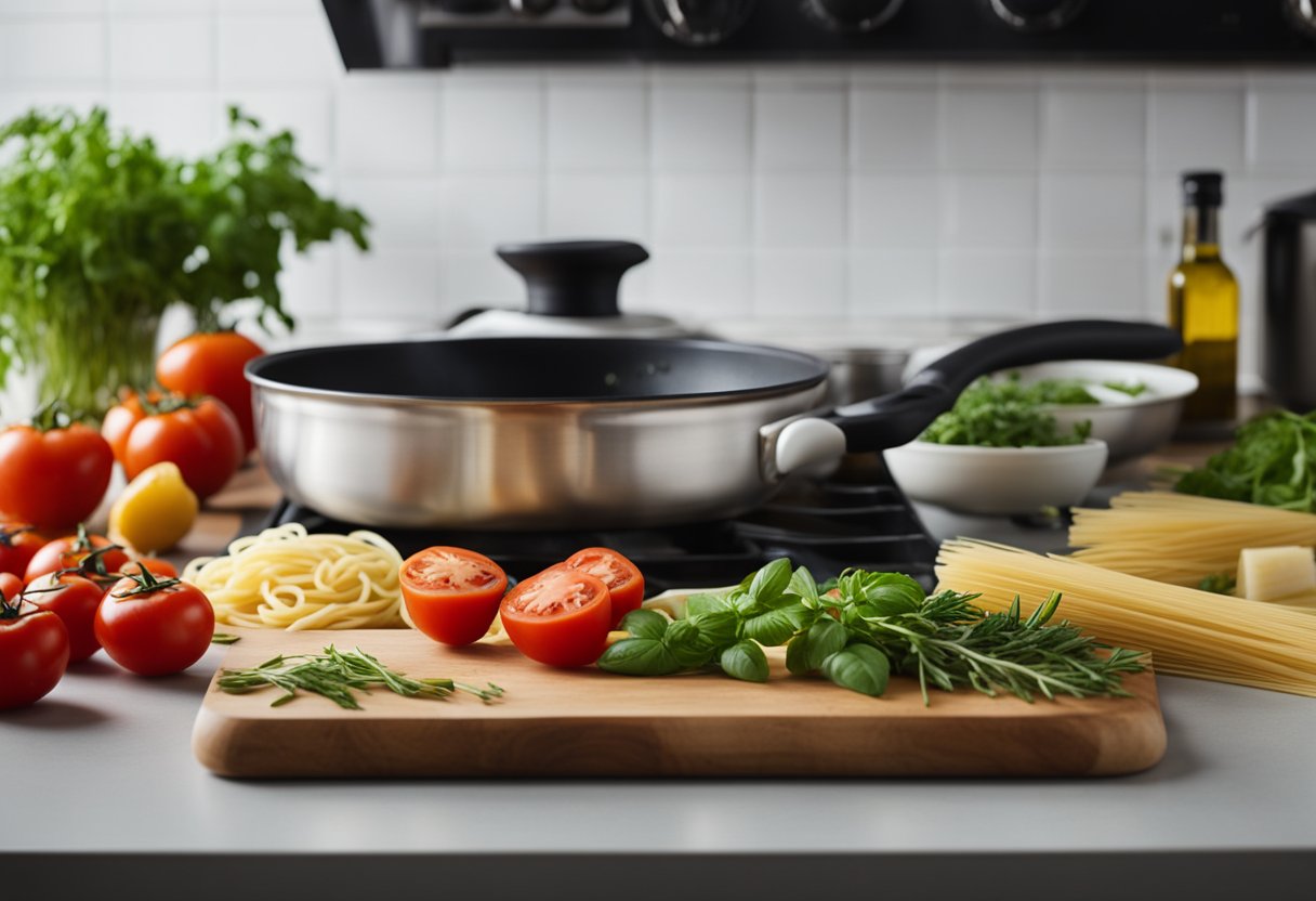 Fresh herbs being chopped, tomatoes being diced, and pasta being tossed in a pan with olive oil. A pot of water boiling on the stove