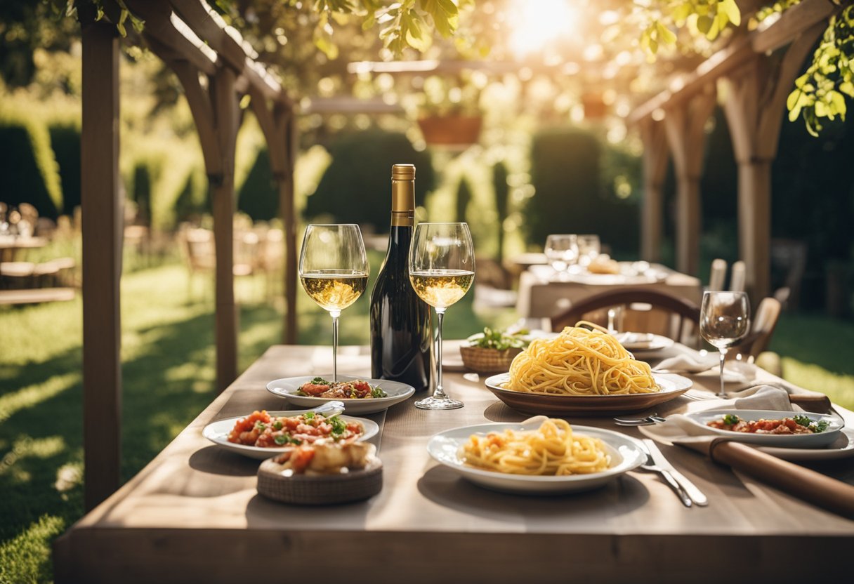 A table set with fresh pasta, bruschetta, and wine under a pergola in a sun-drenched Italian garden