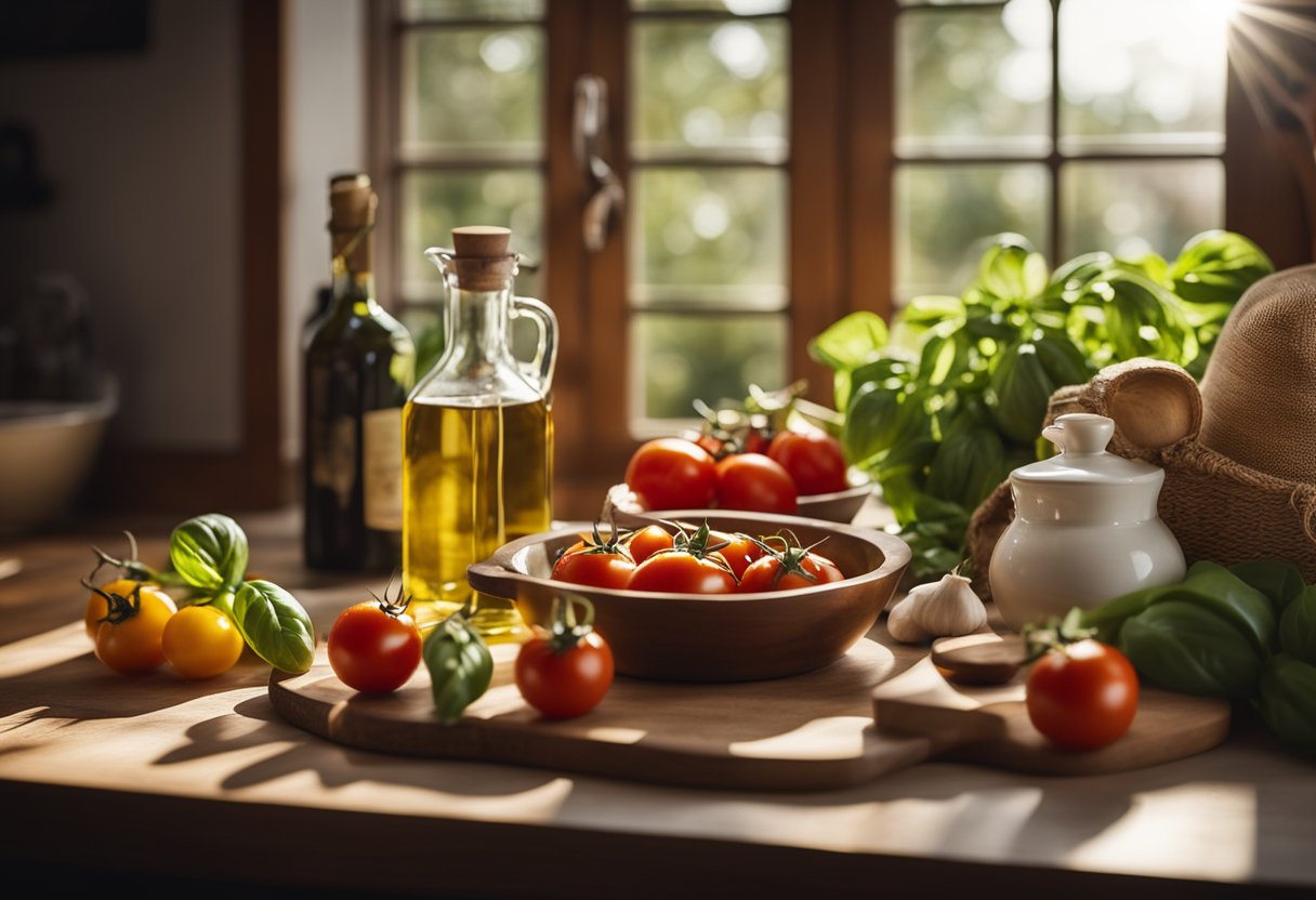 A table set with fresh ingredients like tomatoes, basil, and olive oil. A chef's hat and apron lay nearby. The sun shines through a window, casting a warm glow on the scene