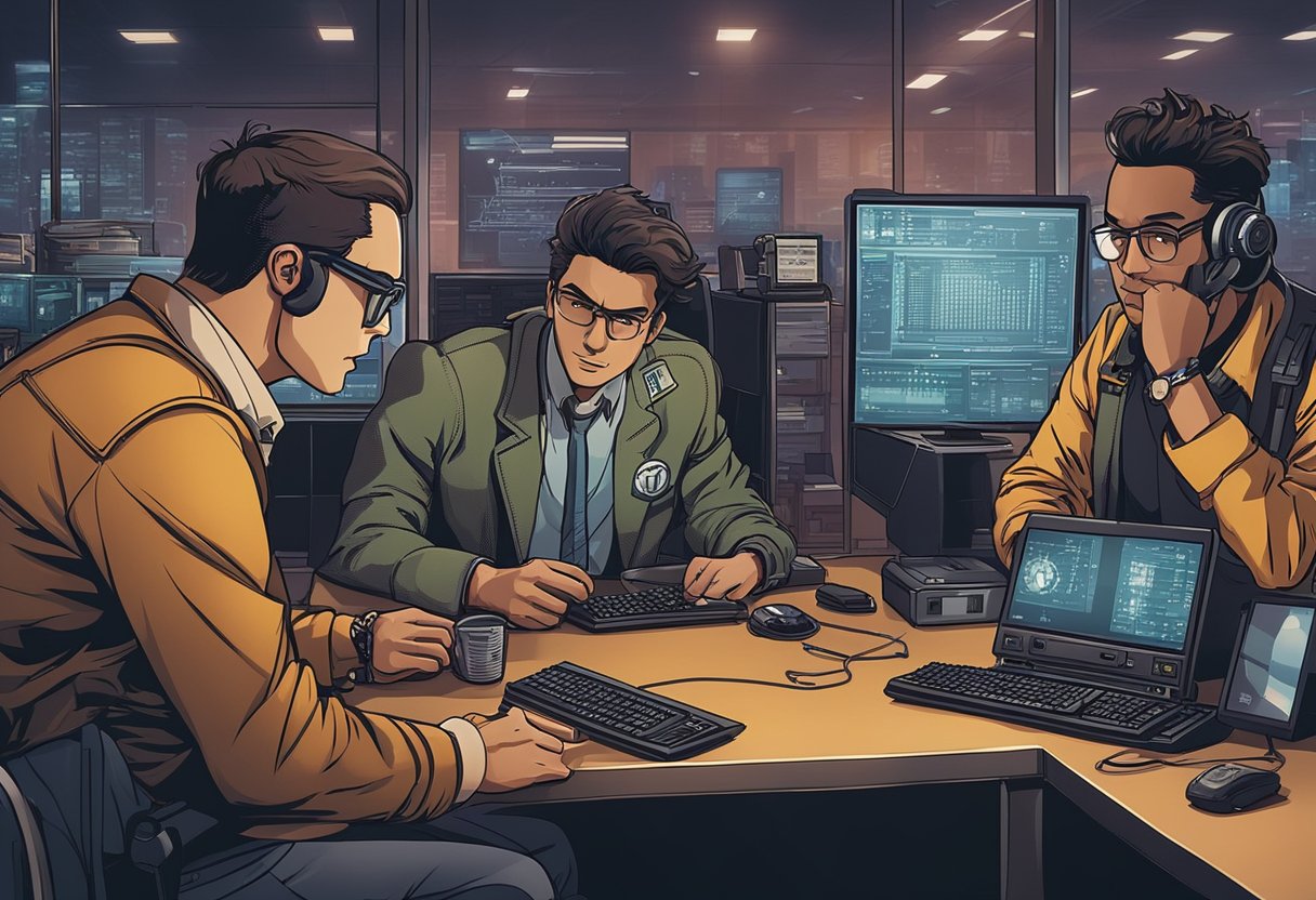 A group of cypherpunks gather around a computer, discussing technological innovations and contributions. Bitcoin's narrative is overshadowed by their intense focus and determination