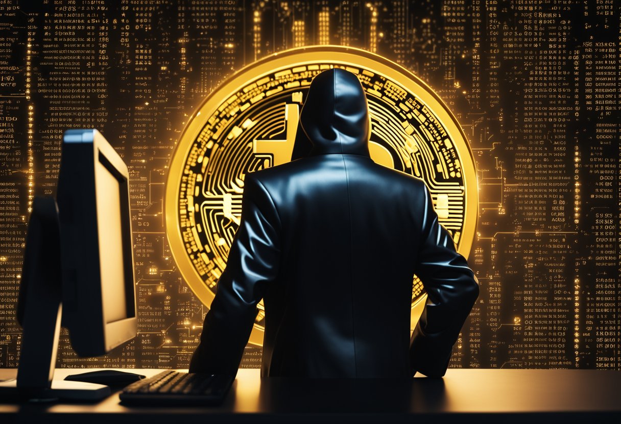 A dark figure stands in front of a computer screen, surrounded by cryptographic symbols and code. The glow of the screen illuminates their determined expression as they work tirelessly to bring the concept of Bitcoin to life