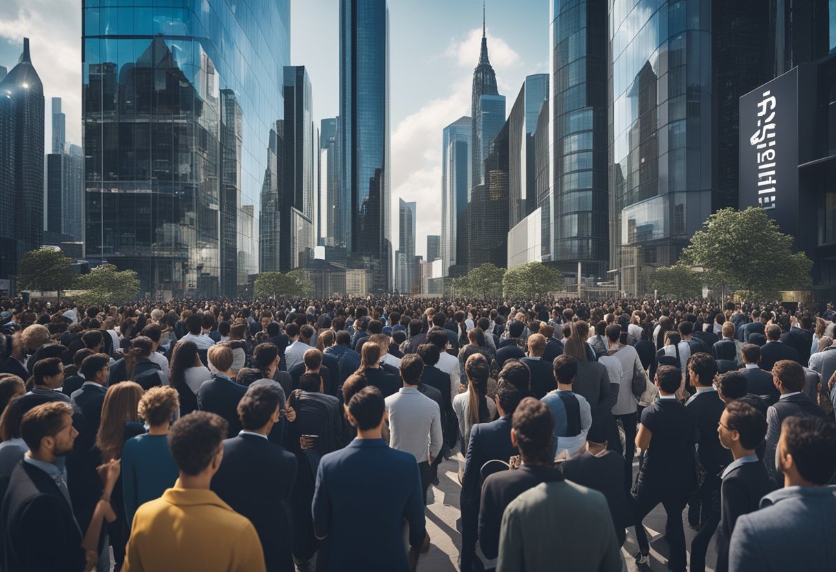 A bustling city skyline with prominent blockchain company logos. A crowd gathers around influential figures giving a speech on blockchain technology