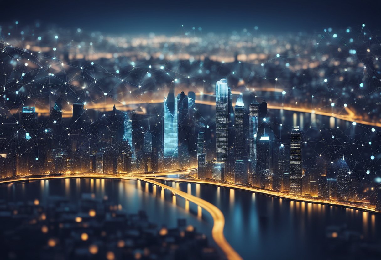 A futuristic city skyline with interconnected networks of glowing dots, symbolizing the innovative and visionary concept of Polkadot by Gavin Wood