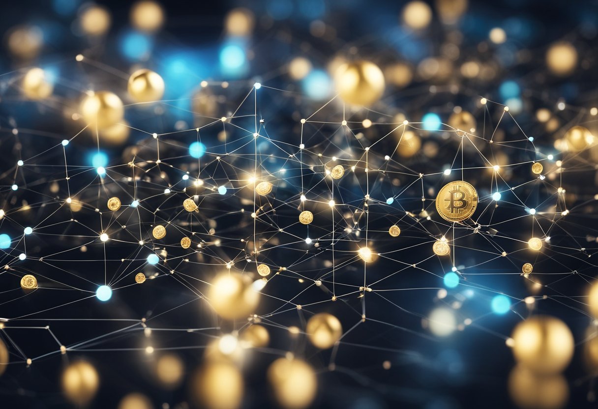 A bustling digital market with interconnected nodes, representing the Crypto Economy and Polkadot Network's role, overseen by Gavin Wood