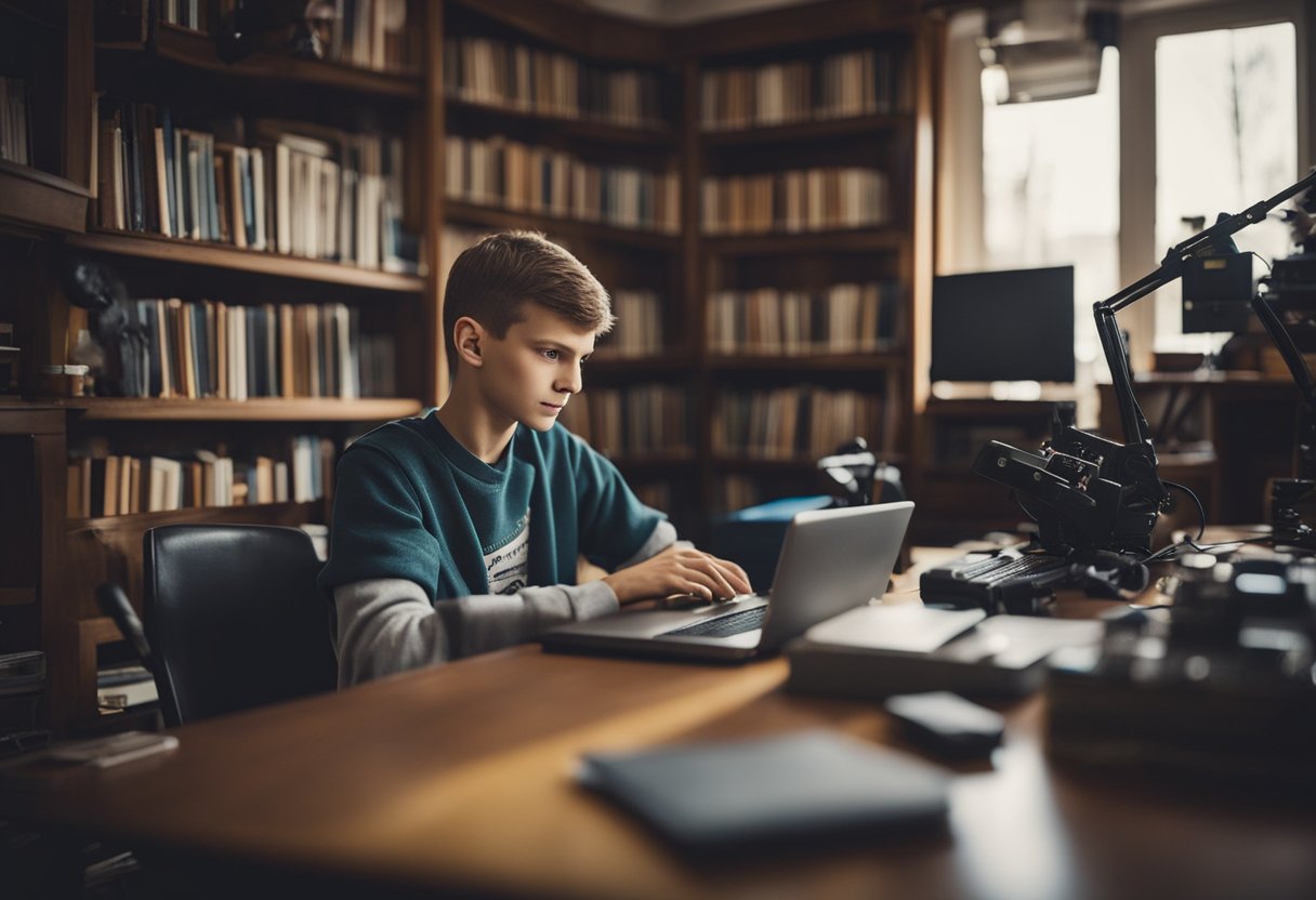 Vitalik Buterin's childhood home, surrounded by books and computers, with a young Vitalik eagerly learning and exploring the world of technology and programming