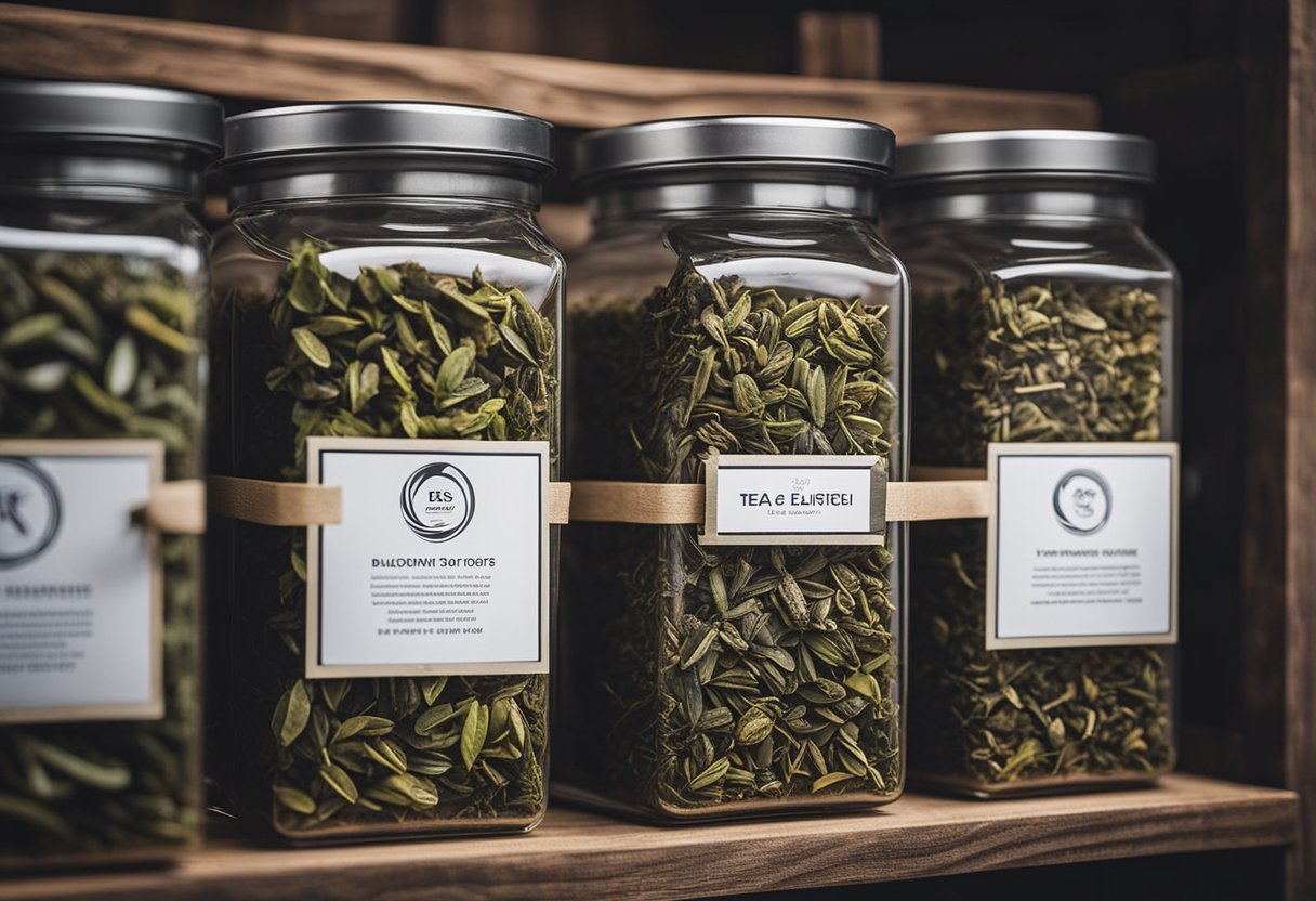 Tea leaves stored in airtight containers with labels. Keep in a cool, dark place away from moisture and strong odors