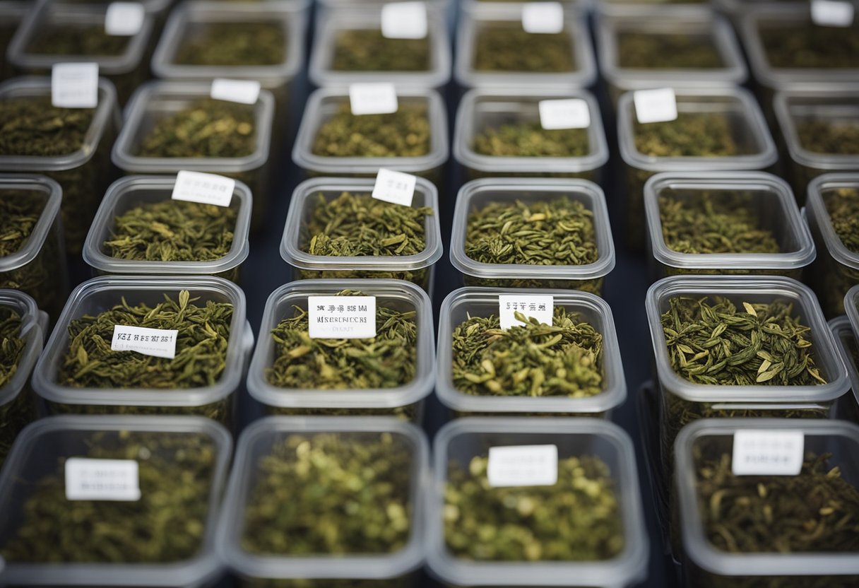 Tea leaves stored in airtight containers, away from light and moisture. Labelled with type and date for freshness