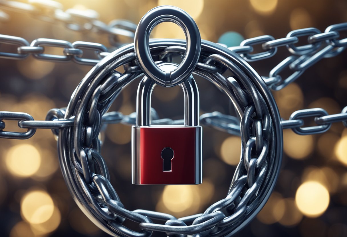 A padlock secured with chains, surrounded by digital code and a shield, symbolizing blockchain security