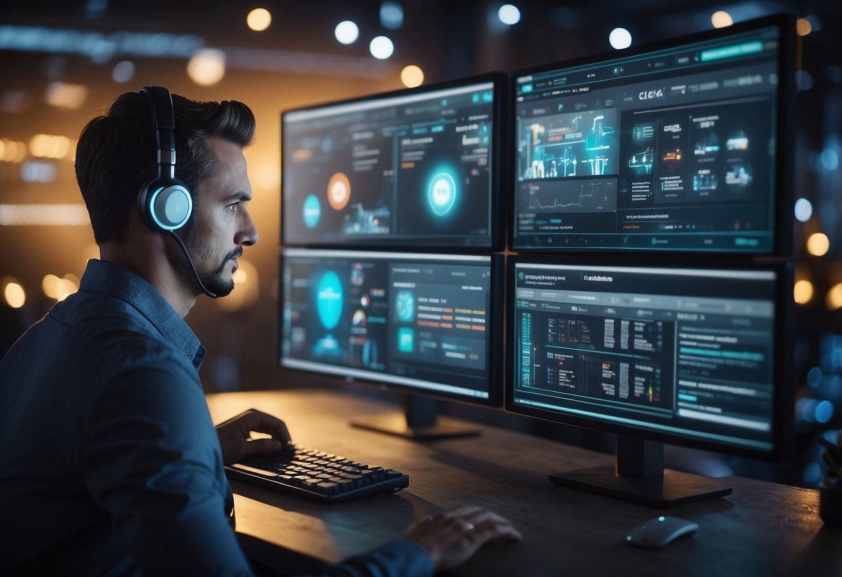 Multiple computer screens displaying AI customer support tools with chatbots, analytics, and automation features. A digital interface shows a customer query being resolved seamlessly