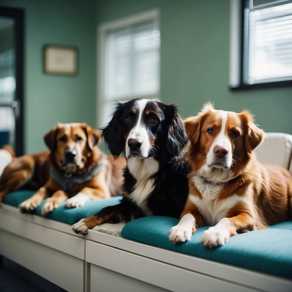 A group of sick dogs lying lethargically in a veterinarian's office.