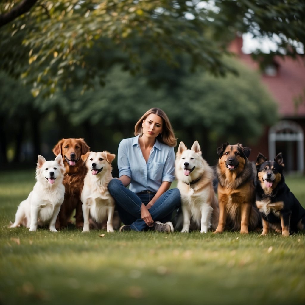A group of dogs of various breeds and sizes are shown displaying symptoms of illness, such as lethargy and loss of appetite, while their concerned owners look on in the background