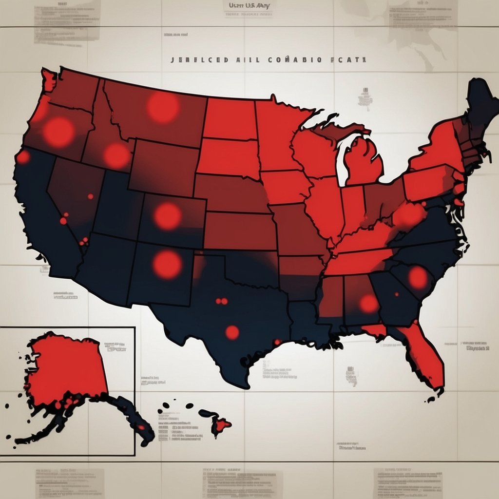 A map of the USA with red dots spreading across the country, representing the geographical spread of the surprising dog illness