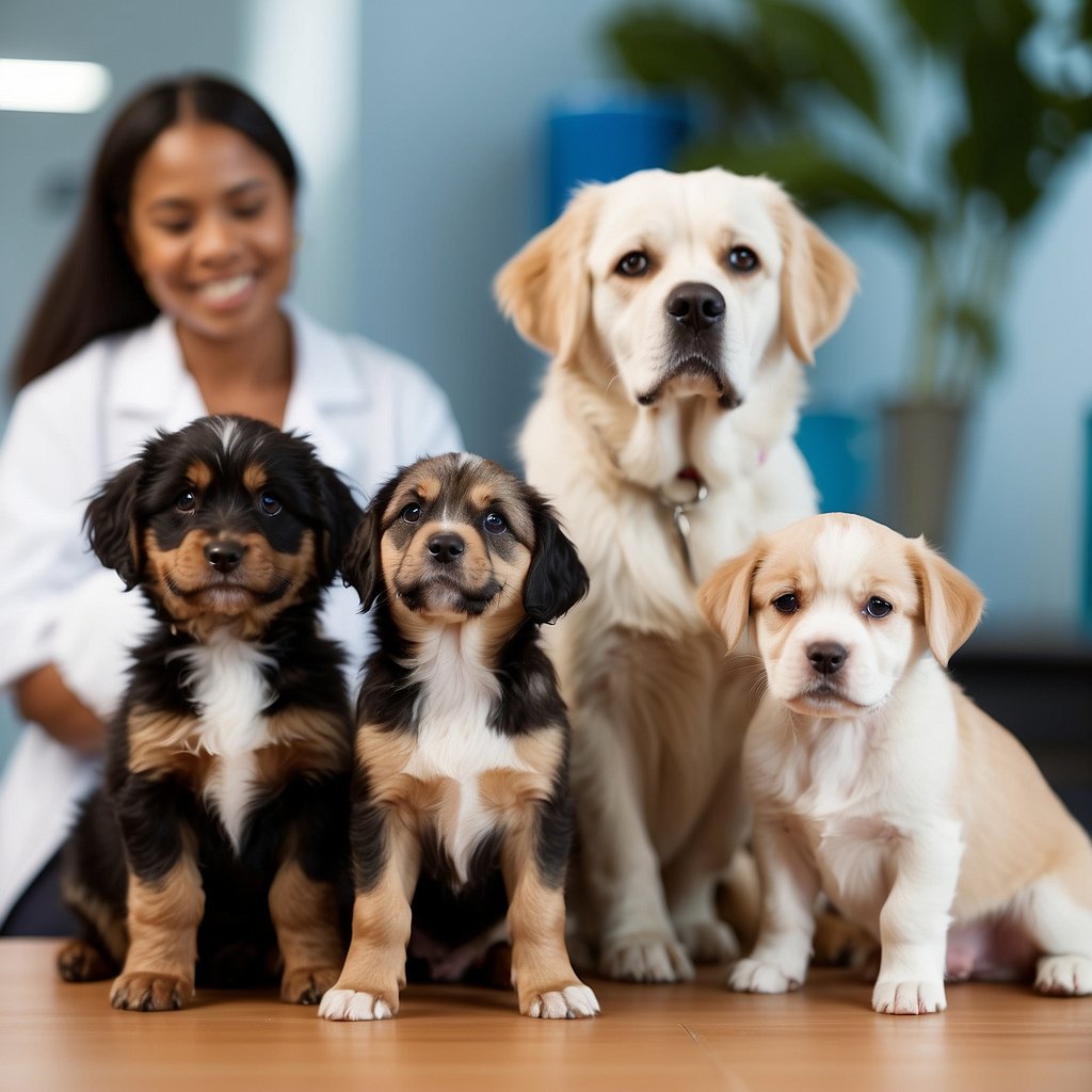 A group of dogs with various breeds and sizes are shown in a veterinarian's office receiving vaccinations and being checked for symptoms of the illness