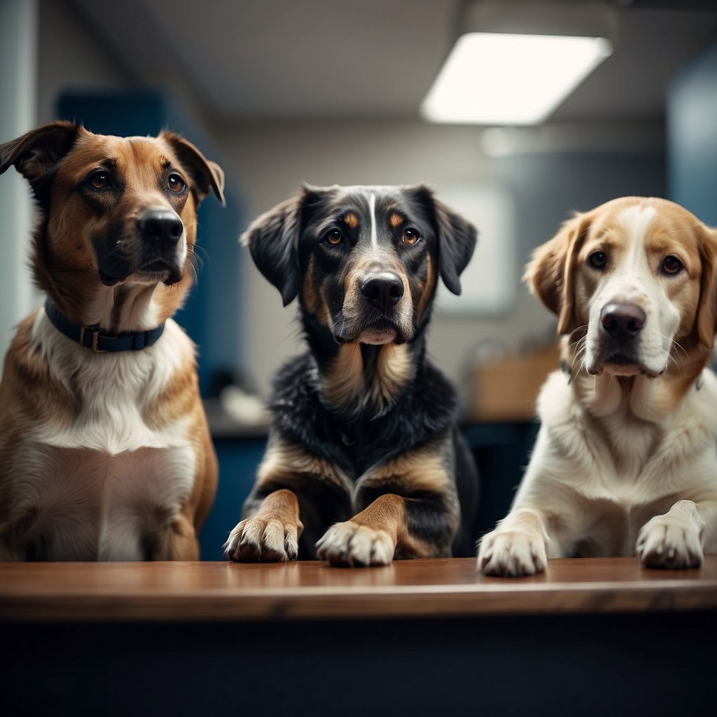 A group of distressed dogs, some coughing and others lethargic, gather in a vet's office as concerned owners look on
