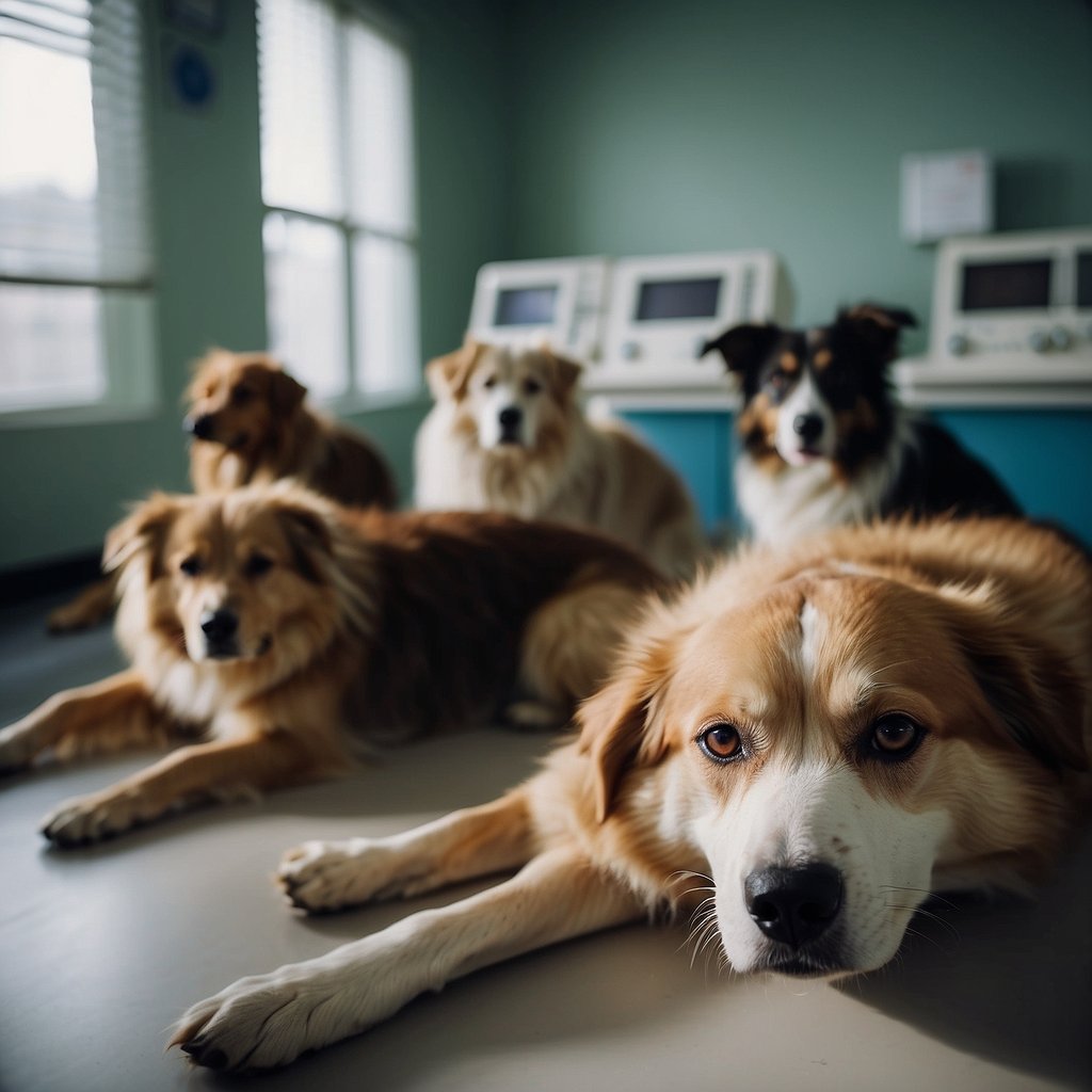 A group of sick dogs lying lethargically in a veterinary clinic, with concerned owners waiting anxiously for updates. Medical equipment and pamphlets on the illness are scattered around the room
