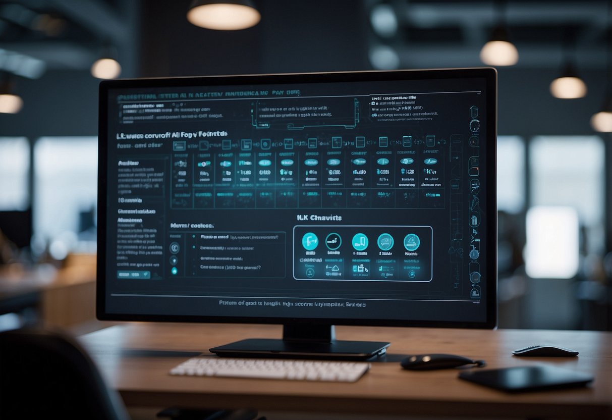 A computer screen displaying various AI voice support tools with a checklist of features. An AI chatbot converses with a customer on another screen