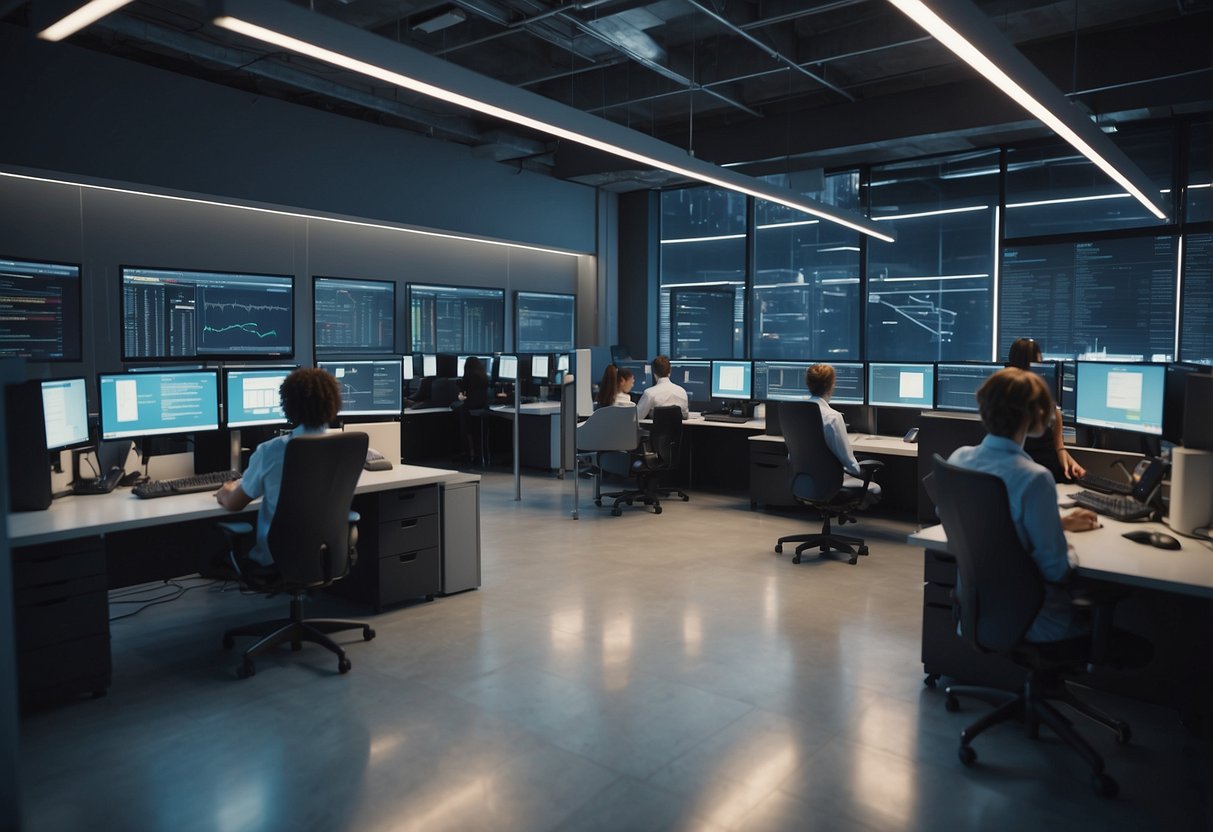 A bright, modern call center with sleek AI software on computer screens. Customers' voices are analyzed and responded to in real-time