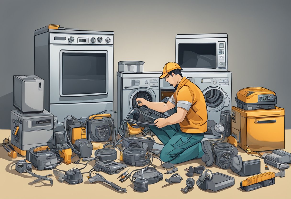 A technician fixing a broken appliance with tools and spare parts scattered around