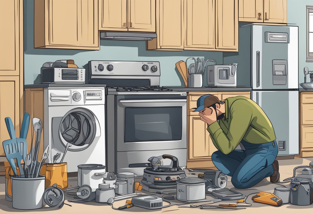 A broken appliance sits idle on a kitchen counter, surrounded by tools and a manual. A frustrated homeowner looks up appliance repair companies online