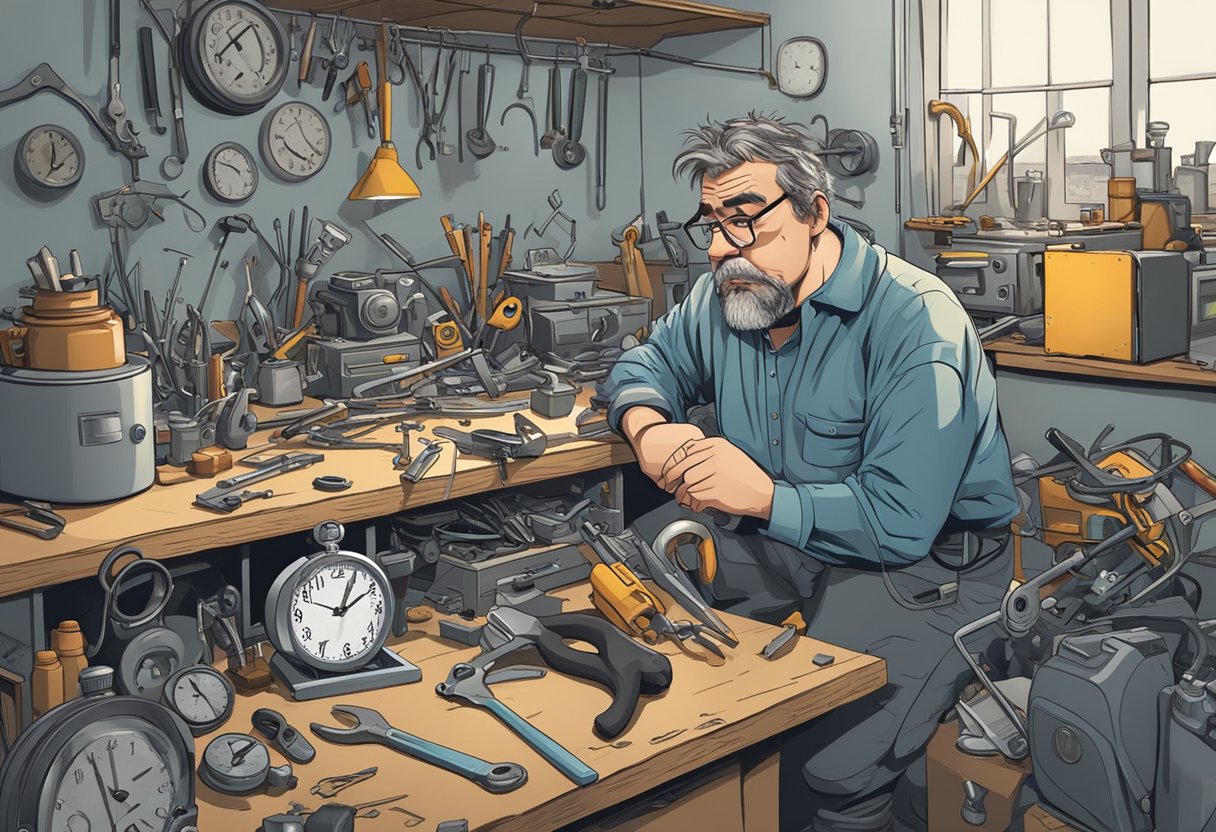 A cluttered workbench with scattered tools and a broken appliance. Frustrated expression on a person's face. Time ticking on a clock in the background