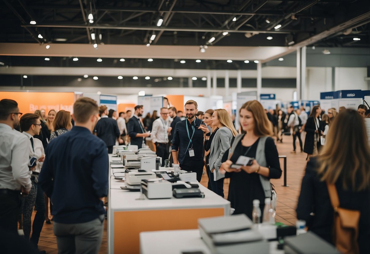 A bustling job fair in Vilnius, showcasing career opportunities and city offerings