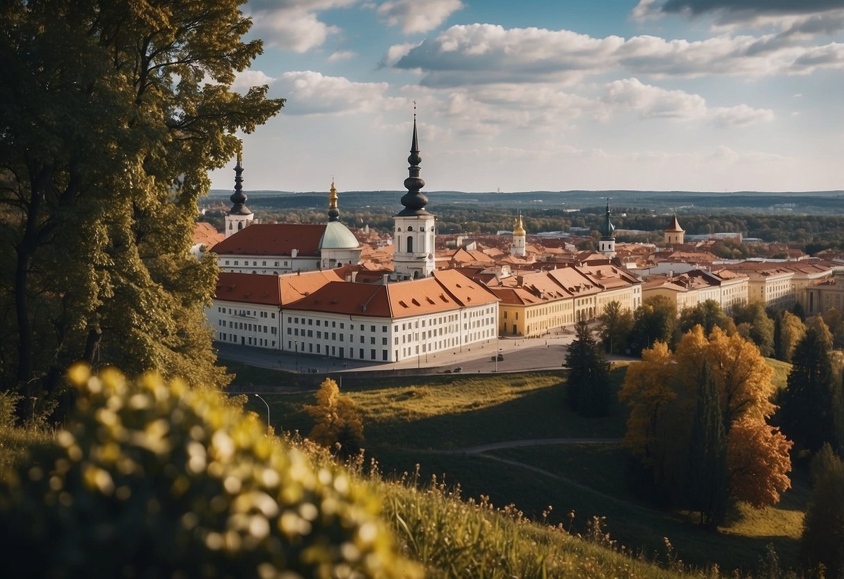 A cityscape of Vilnius, showcasing its educational influence and career opportunities. The scene includes prominent buildings and landmarks, symbolizing the city's offerings