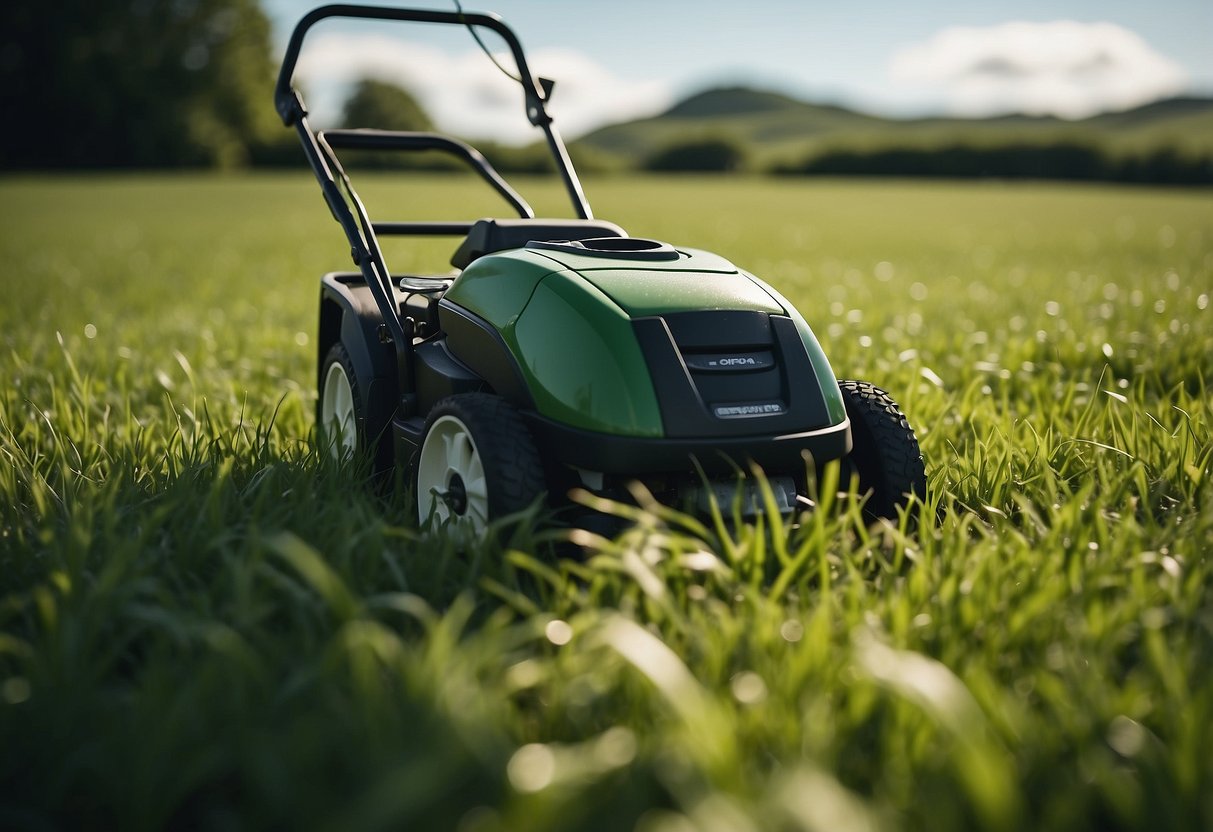 A lush green Irish field with a small lawnmower cutting through the grass under a clear blue sky