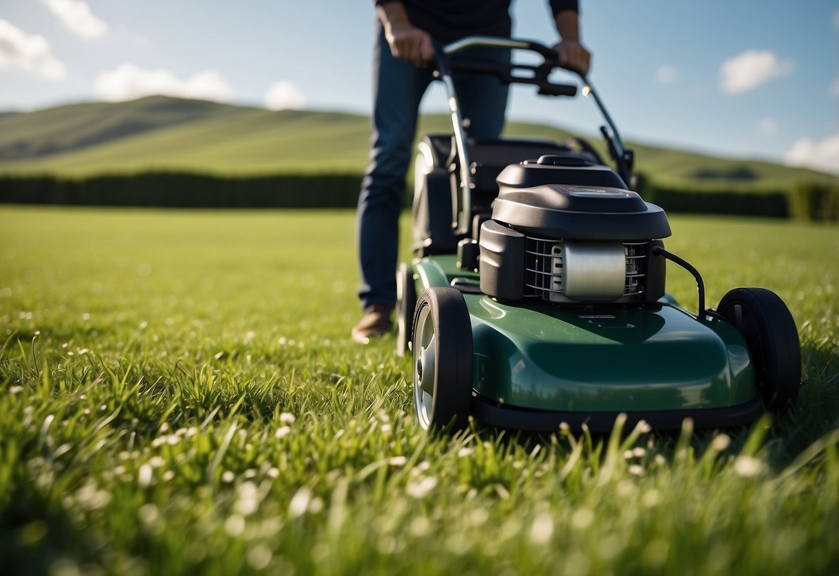 Lush green lawn with a professional lawnmower cutting grass. Irish countryside backdrop with a clear blue sky