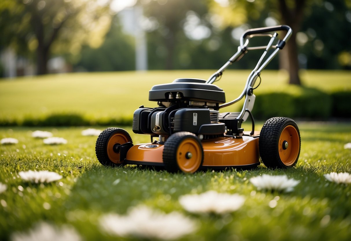 A lawnmower cutting through green grass in a neatly manicured yard, with a price tag and currency symbol in the background