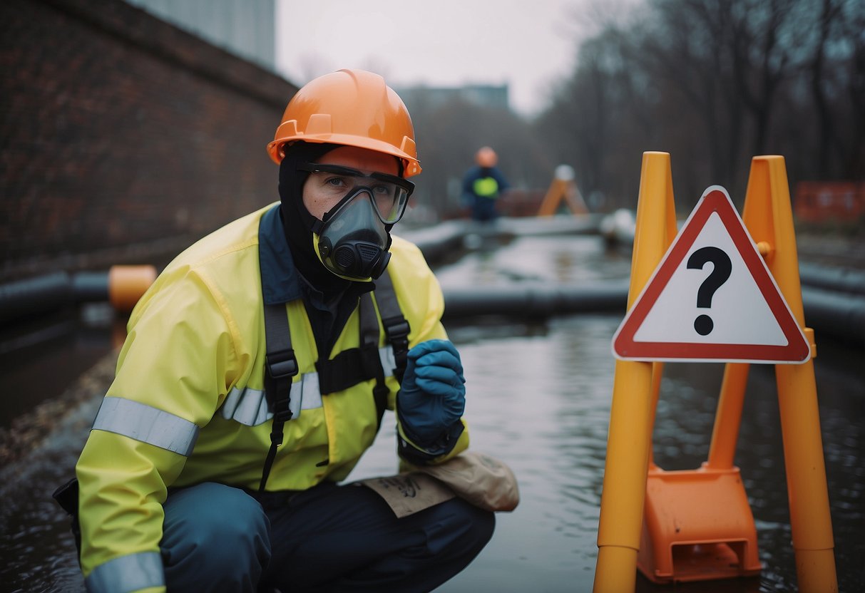 A city worker in protective gear inspects a sewage system with caution signs and barriers in place