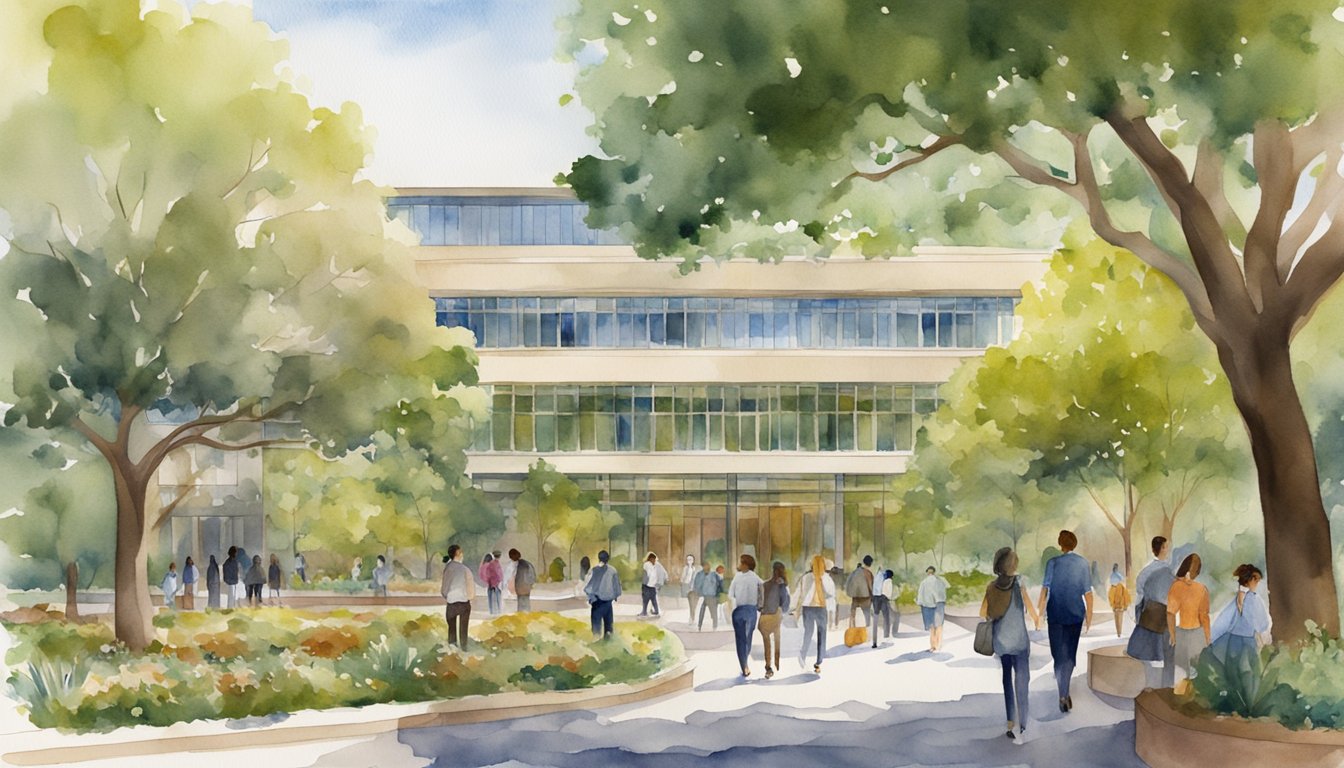 The Stanford Graduate School of Business is bustling with students and faculty, with a backdrop of modern buildings and lush greenery