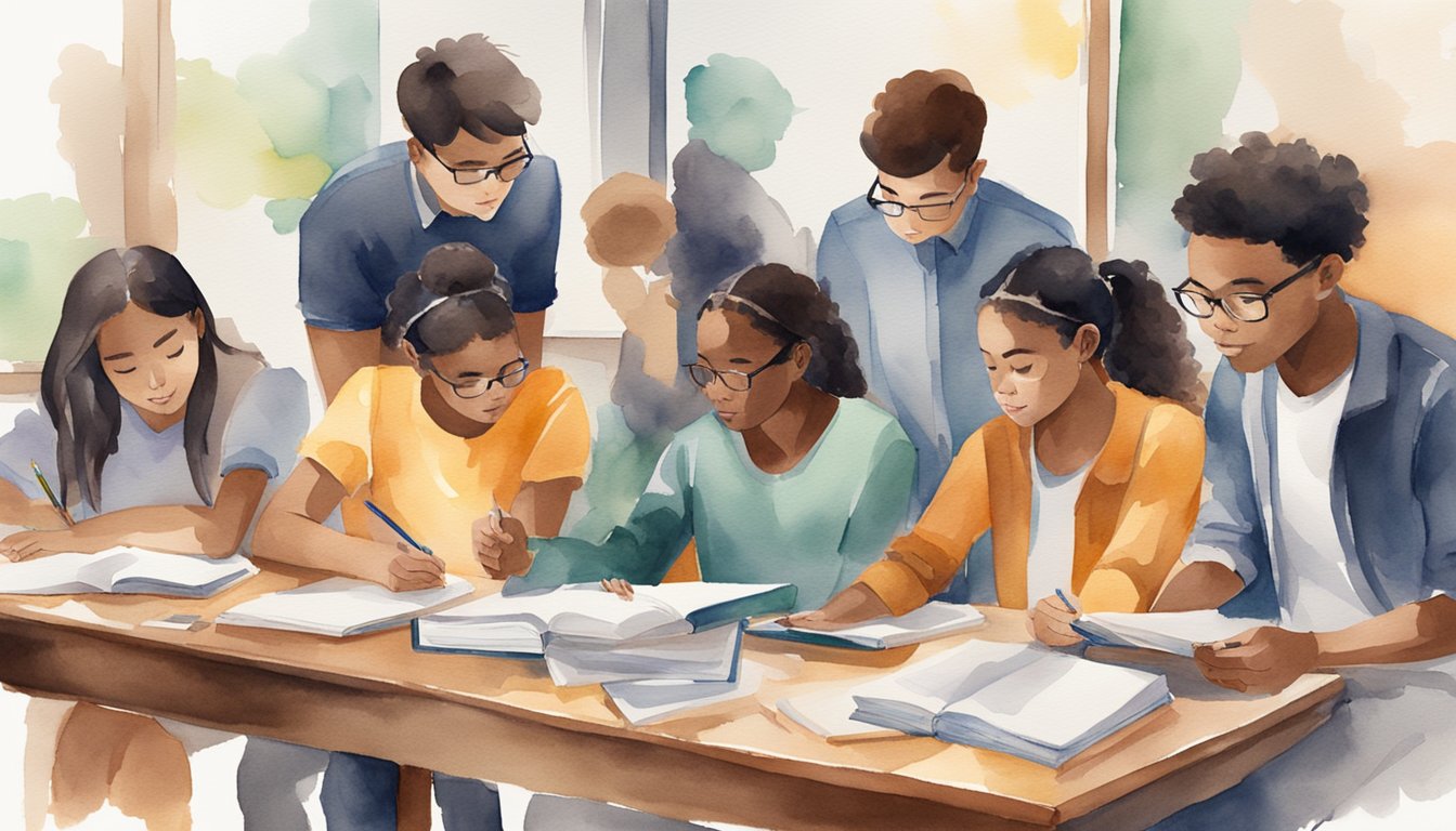 A group of students gather around a table, notebooks and study materials spread out.</p><p>They discuss and collaborate on advanced placement exam preparation tips