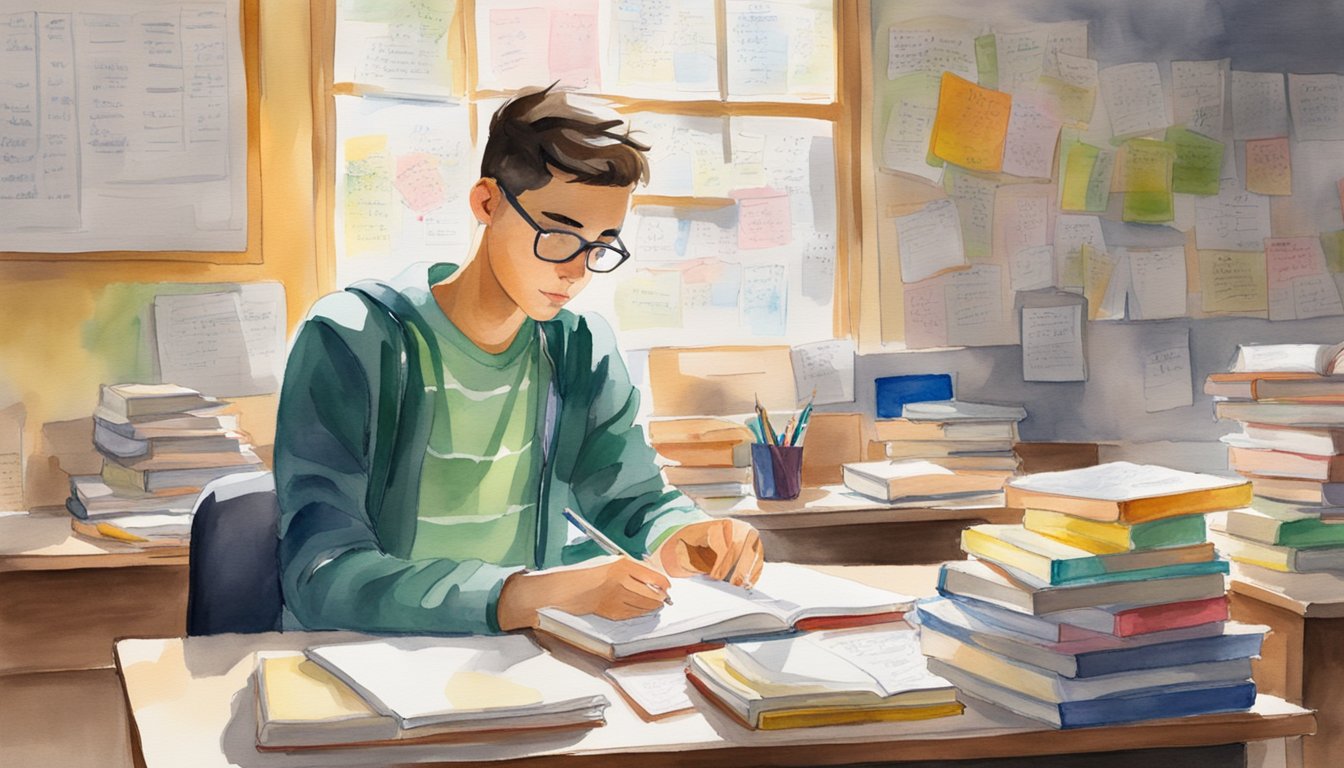 A student's desk cluttered with review books, notes, and highlighters.</p><p>A calendar on the wall marked with exam dates.</p><p>A determined look on the student's face as they study intensely