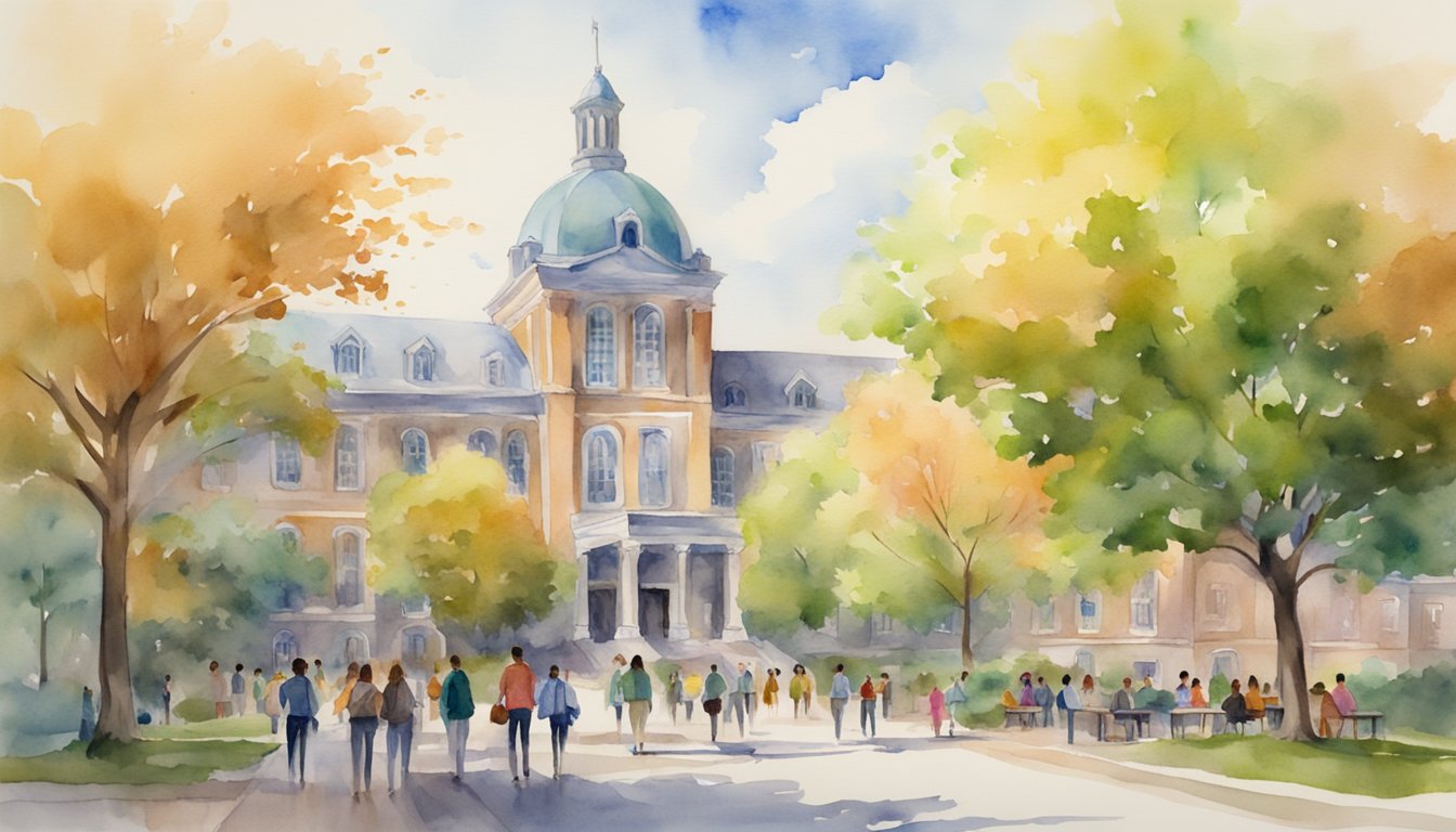 A bustling college campus with historic buildings and vibrant foliage, students engaged in discussions, and a sense of intellectual curiosity in the air