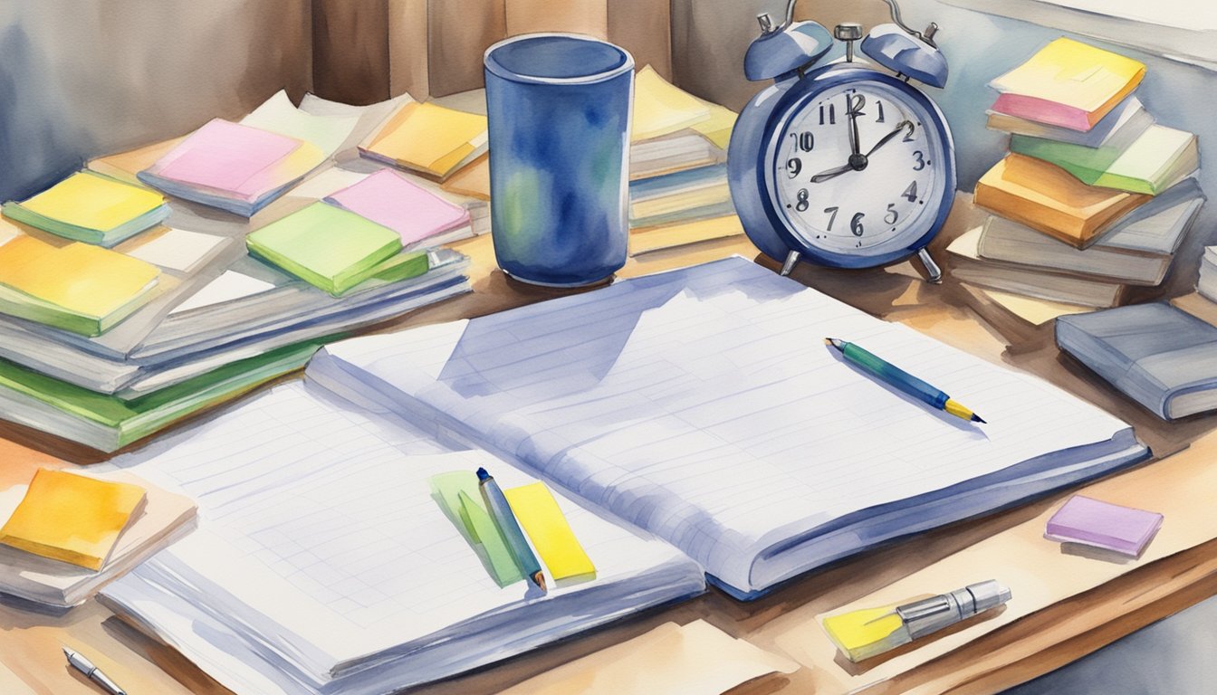 A stack of review materials spread out on a desk, with highlighters, sticky notes, and open textbooks.</p><p>A clock on the wall shows the time ticking away