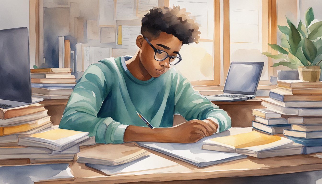 A student sits at a desk surrounded by textbooks, notes, and a laptop.</p><p>They are diligently preparing for an advanced placement exam, utilizing all available resources to study effectively