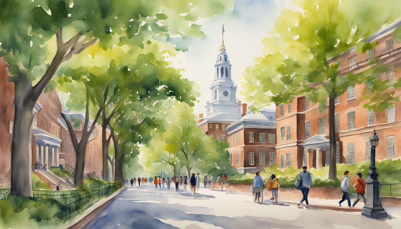 The iconic Harvard University campus bustles with students from diverse backgrounds, surrounded by historic buildings and lush greenery, creating an atmosphere of academic excellence and global learning