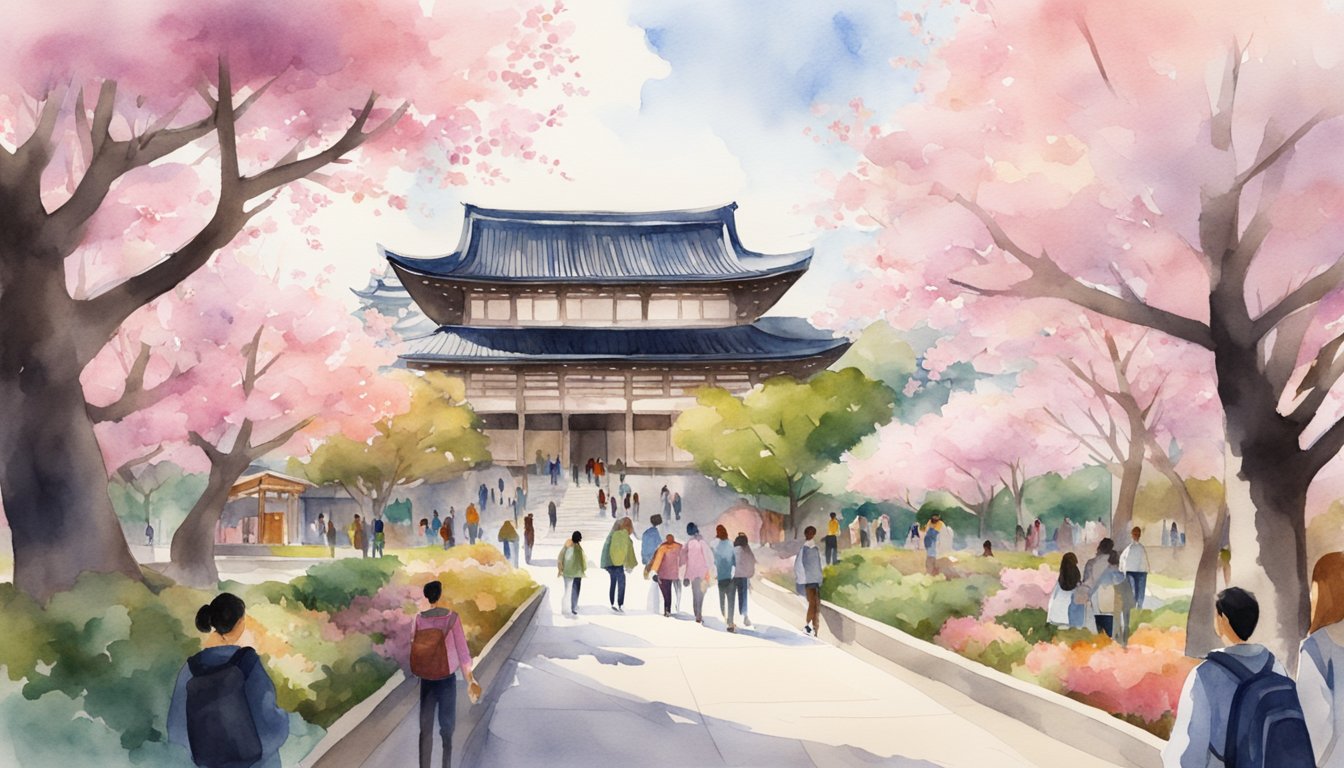 A bustling campus with diverse architecture and students from around the world, surrounded by cherry blossom trees and traditional Japanese gardens