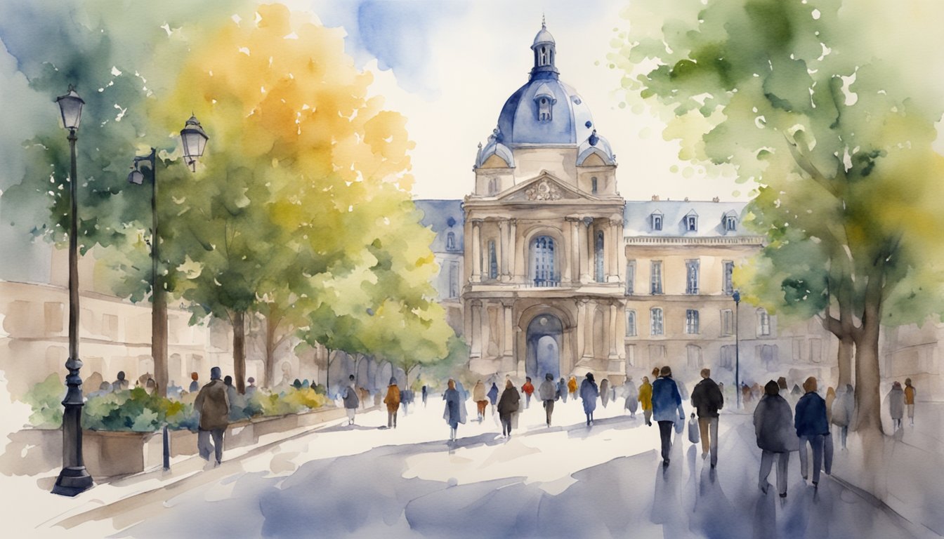 The iconic Sorbonne University campus with its historic buildings and bustling student activity