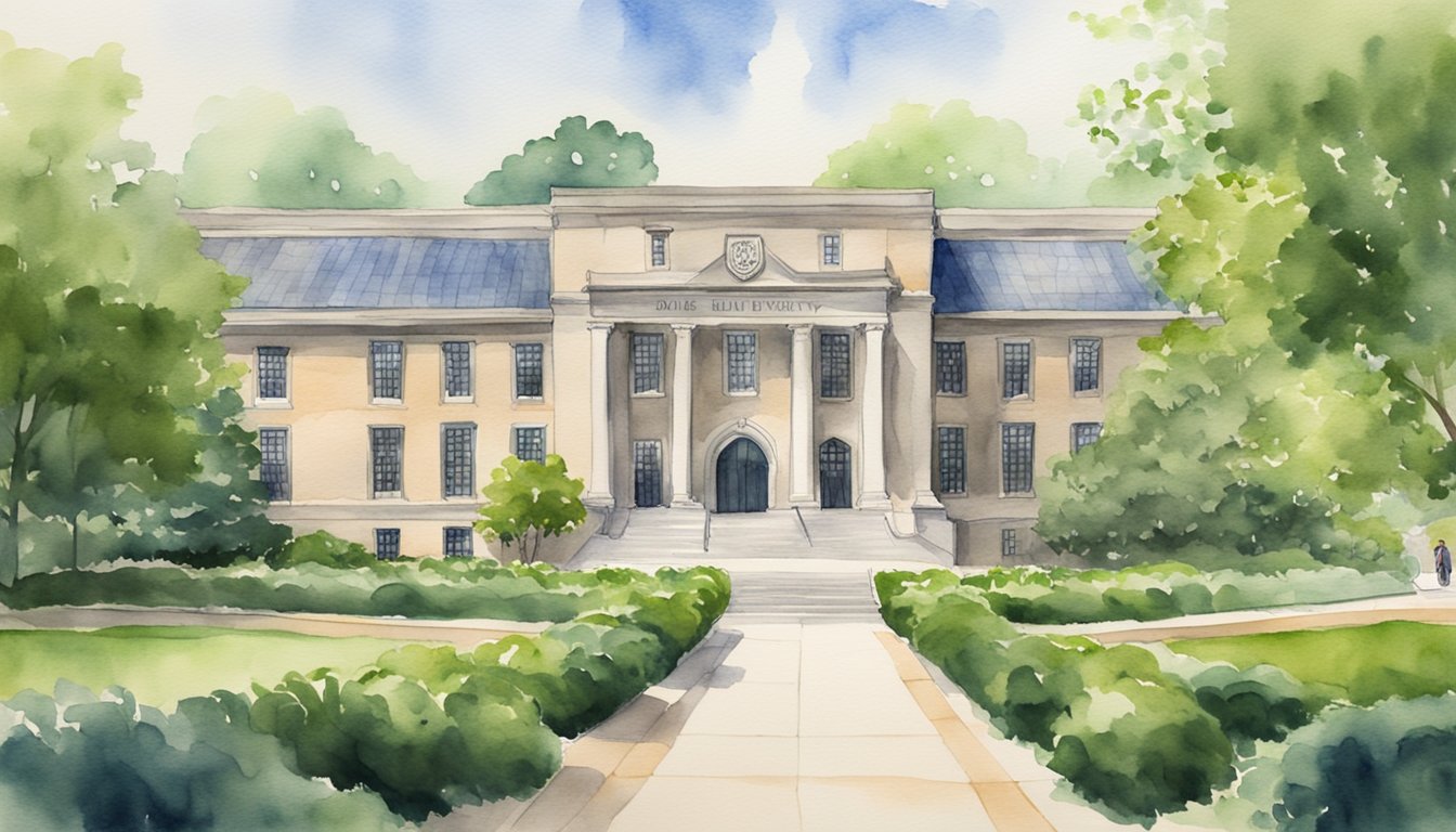 A grand, stone building with "Duke University School of Law" engraved on the entrance.</p><p>Lush greenery surrounds the campus, creating a peaceful and scholarly atmosphere