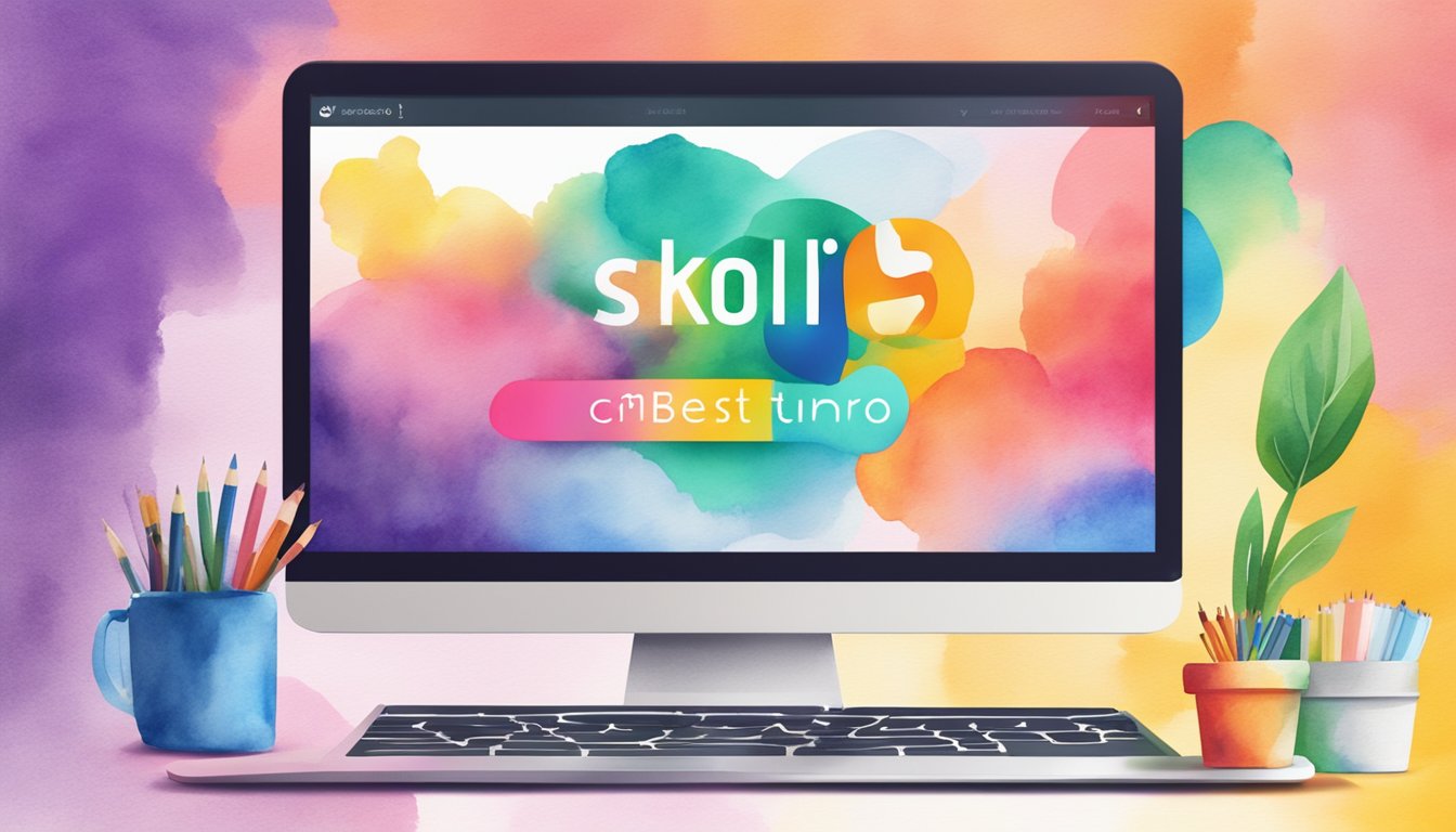 A computer screen displaying Skooli's logo and the words "10 Best Online Tutors for Personalized Learning" in bold, vibrant colors