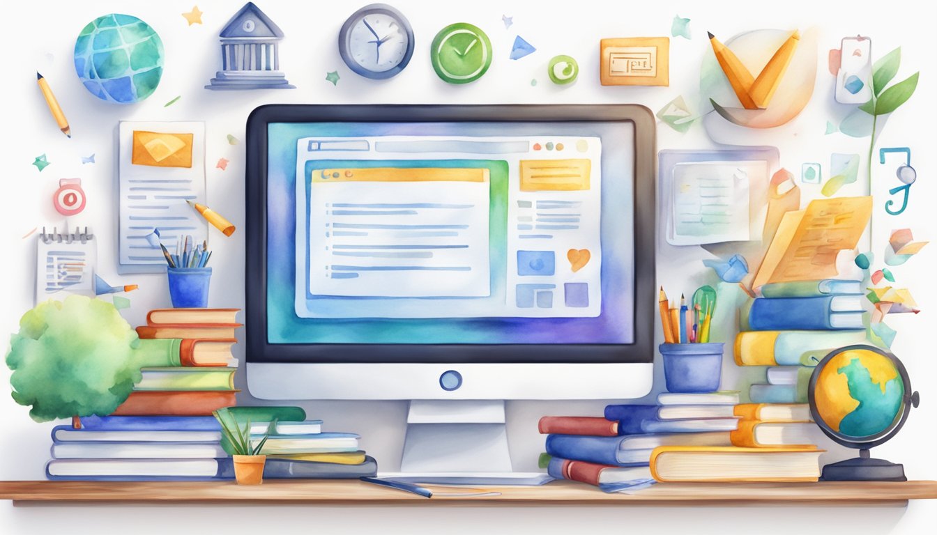 A computer screen displaying "Varsity Tutors 10 Best Online Tutors for Personalized Learning" with a variety of educational icons and symbols surrounding it