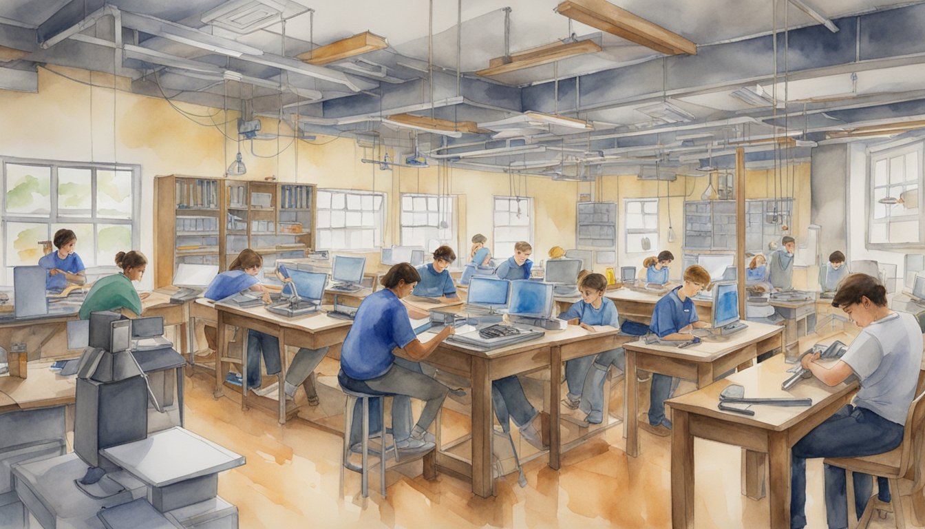 A classroom filled with electrical equipment and tools, with students learning and practicing electrical wiring and installation techniques