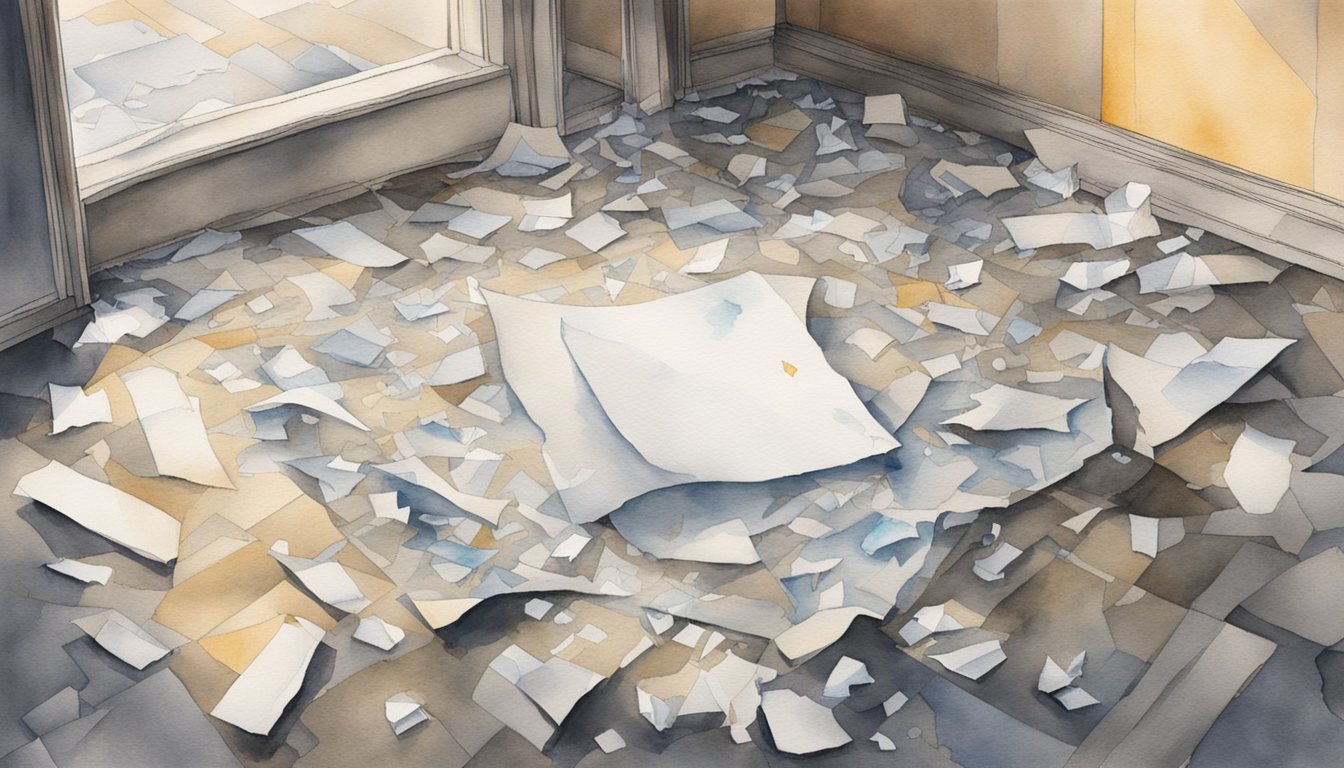 A shattered mirror lies on the floor, reflecting a dimly lit room.</p><p>A crumpled piece of paper with the words "Personal Tragedies" is visible, surrounded by discarded college essay topics