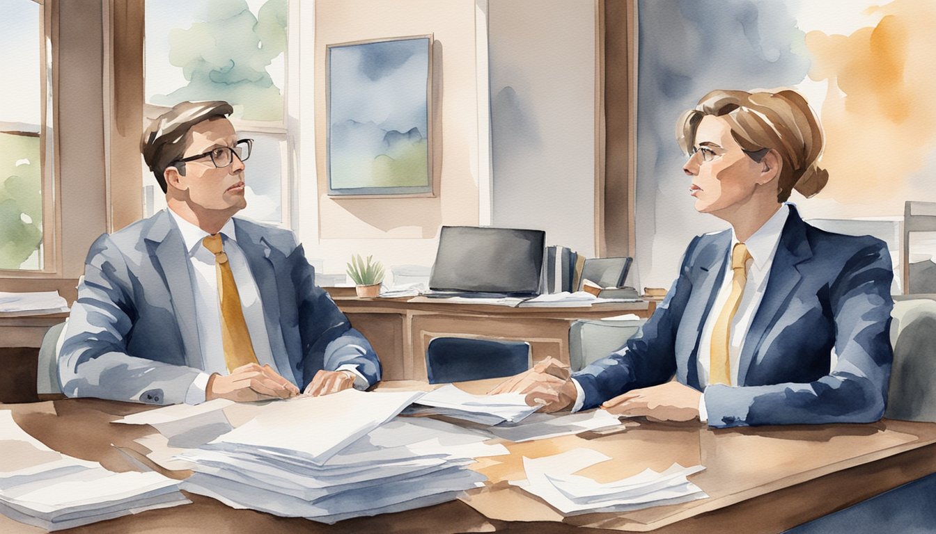 A couple argues in a lawyer's office, papers scattered on the desk.</p><p>Tension fills the room as they discuss divorce