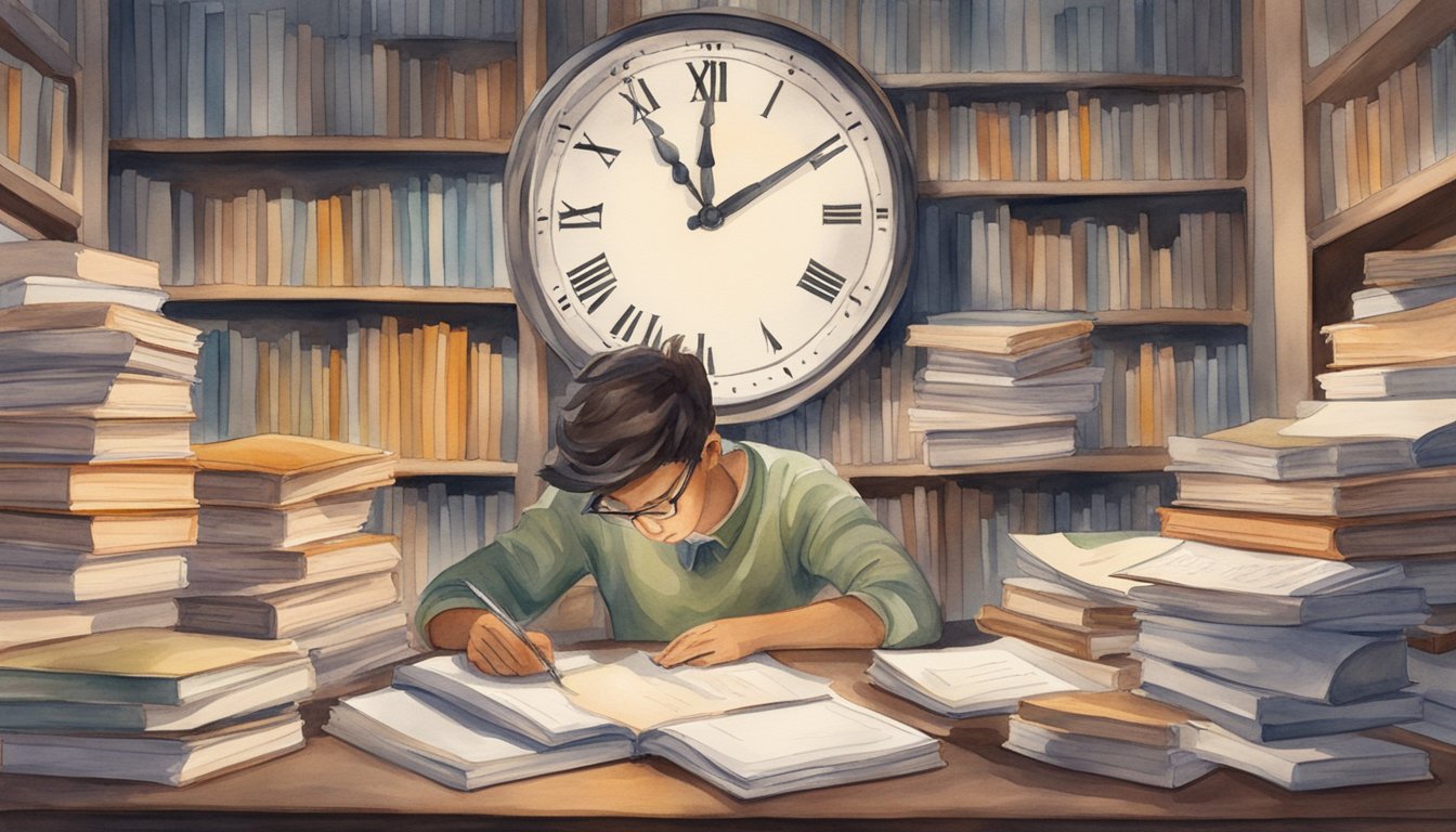 Students surrounded by piles of books and papers, looking overwhelmed and stressed.</p><p>A clock on the wall shows the time ticking away as they struggle to choose a college essay topic